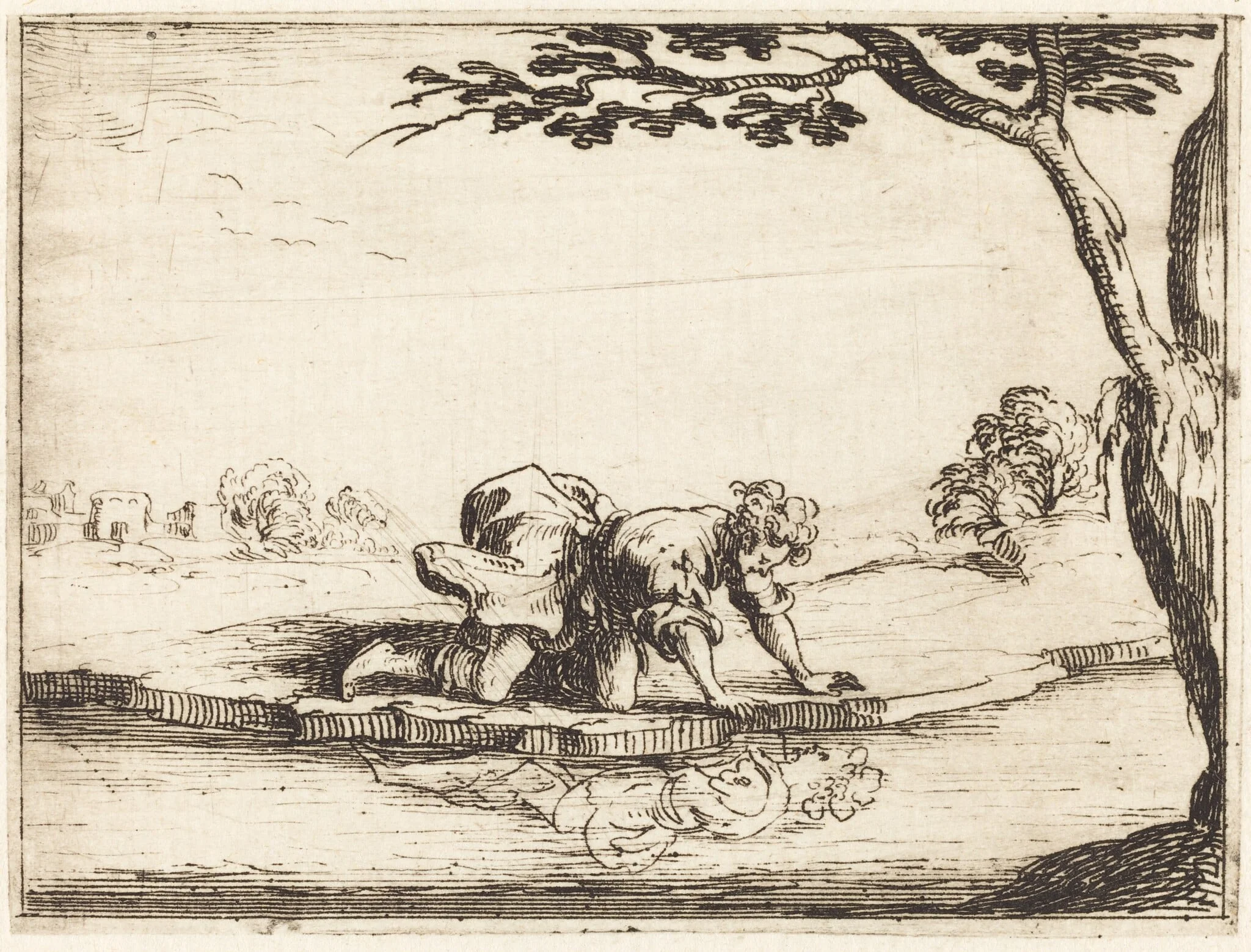 Narcissus Looking in the Water, by Jacques Callot, ink, 1628