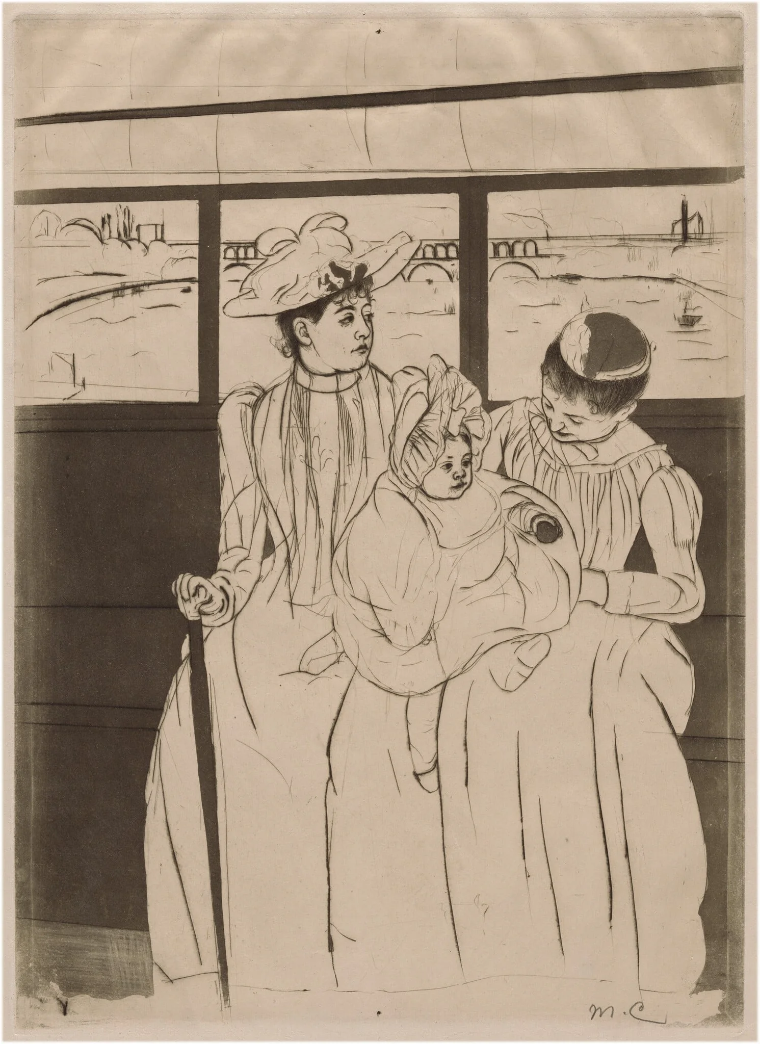 In the Omnibus, by Mary Cassatt, ink, 1890