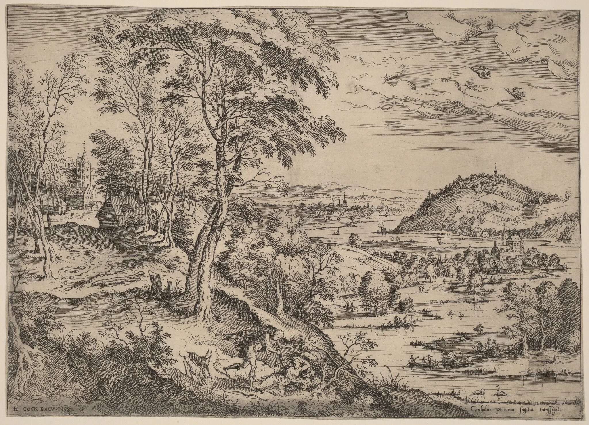 Cephalus and Procris, by Hieronymus Cock, ink, 1558