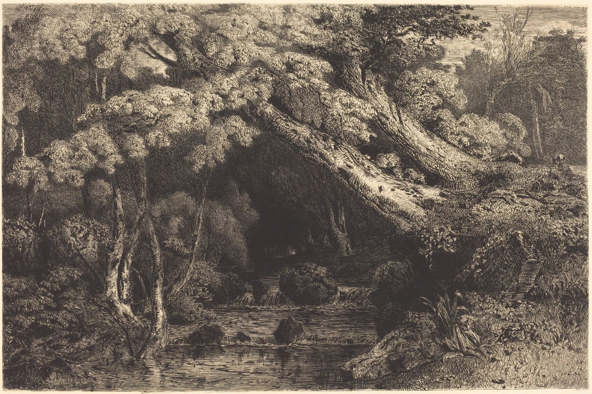 Saint-Pierre Stream near Pierrefond (Ruisseaude Saint-Pierre, pres Pierrefond), by Paul Huet, ink, 1842