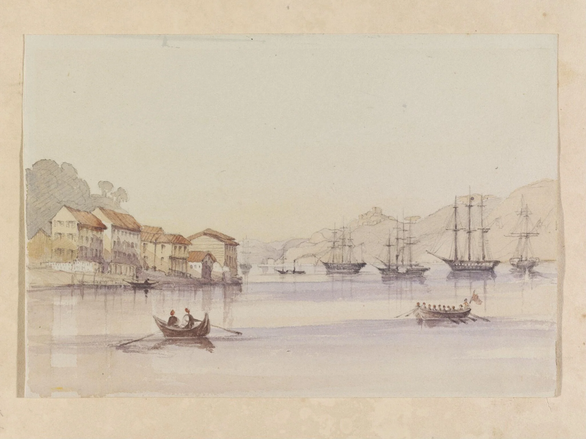 View of the Bosphorus with warships, by Michael Anthony Shrapnel Biddulph, watercolor, 1855