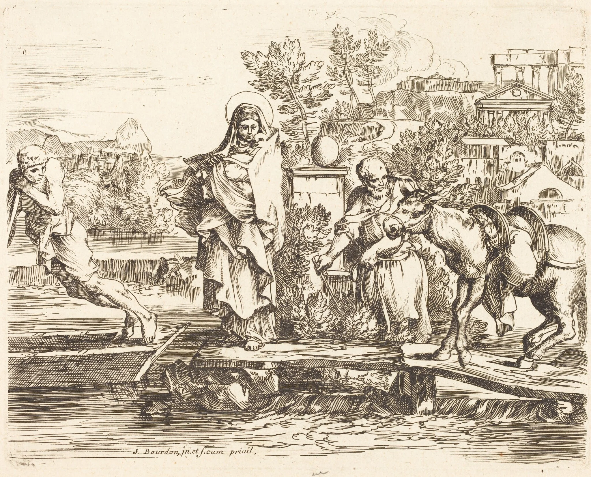 The Holy Family Preparing to Embark, by Sébastien Bourdon, ink, 1644