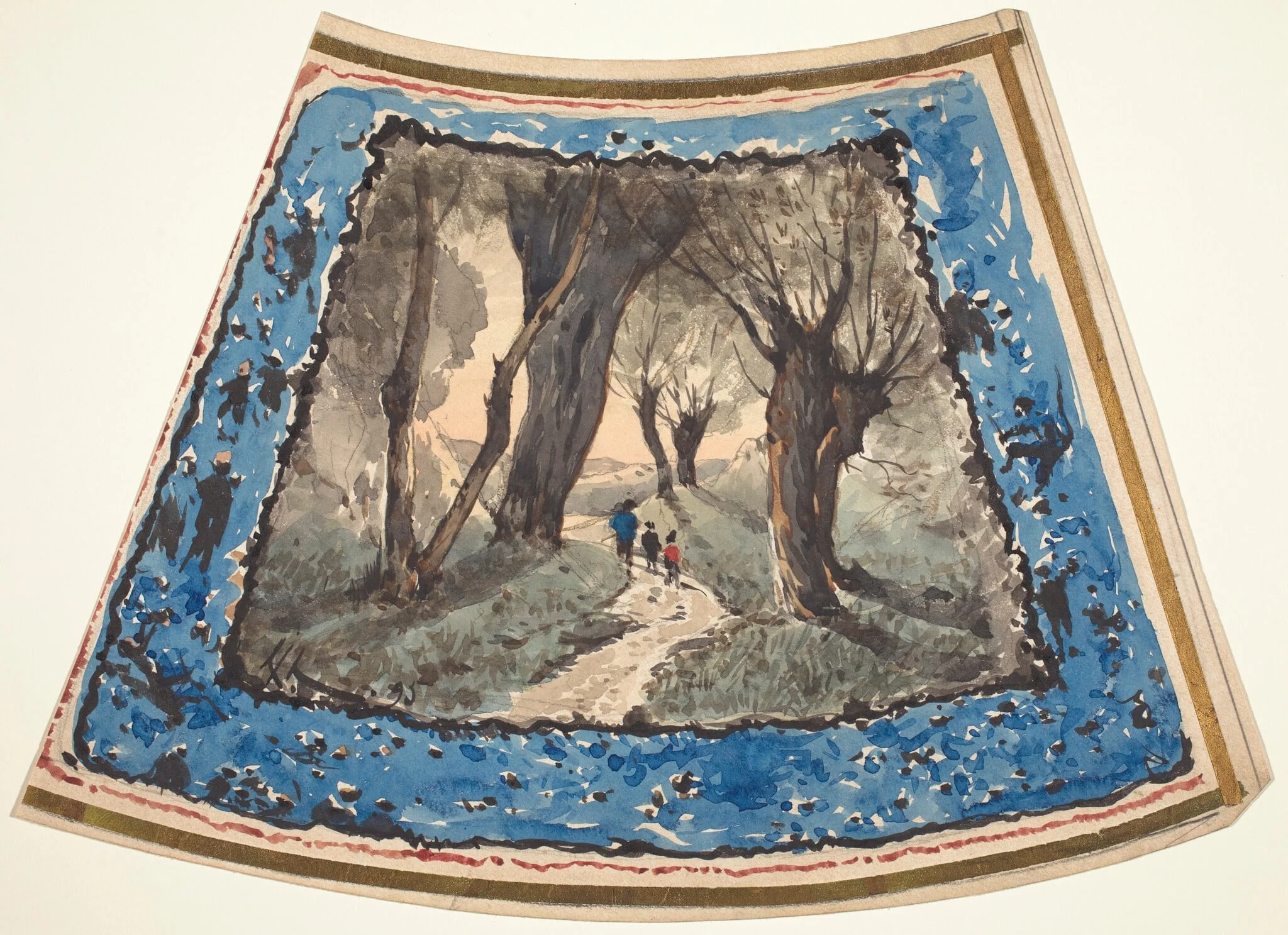 Travelers on a Wooded Path with a Border of Whimsical Figures and Monkeys, by Henri-Joseph Harpignies, ink, 1895