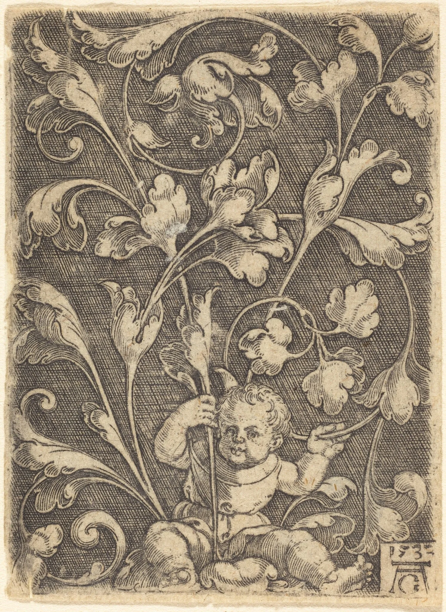 Scroll Ornament with Seated Child, by Heinrich Aldegrever, 1532
