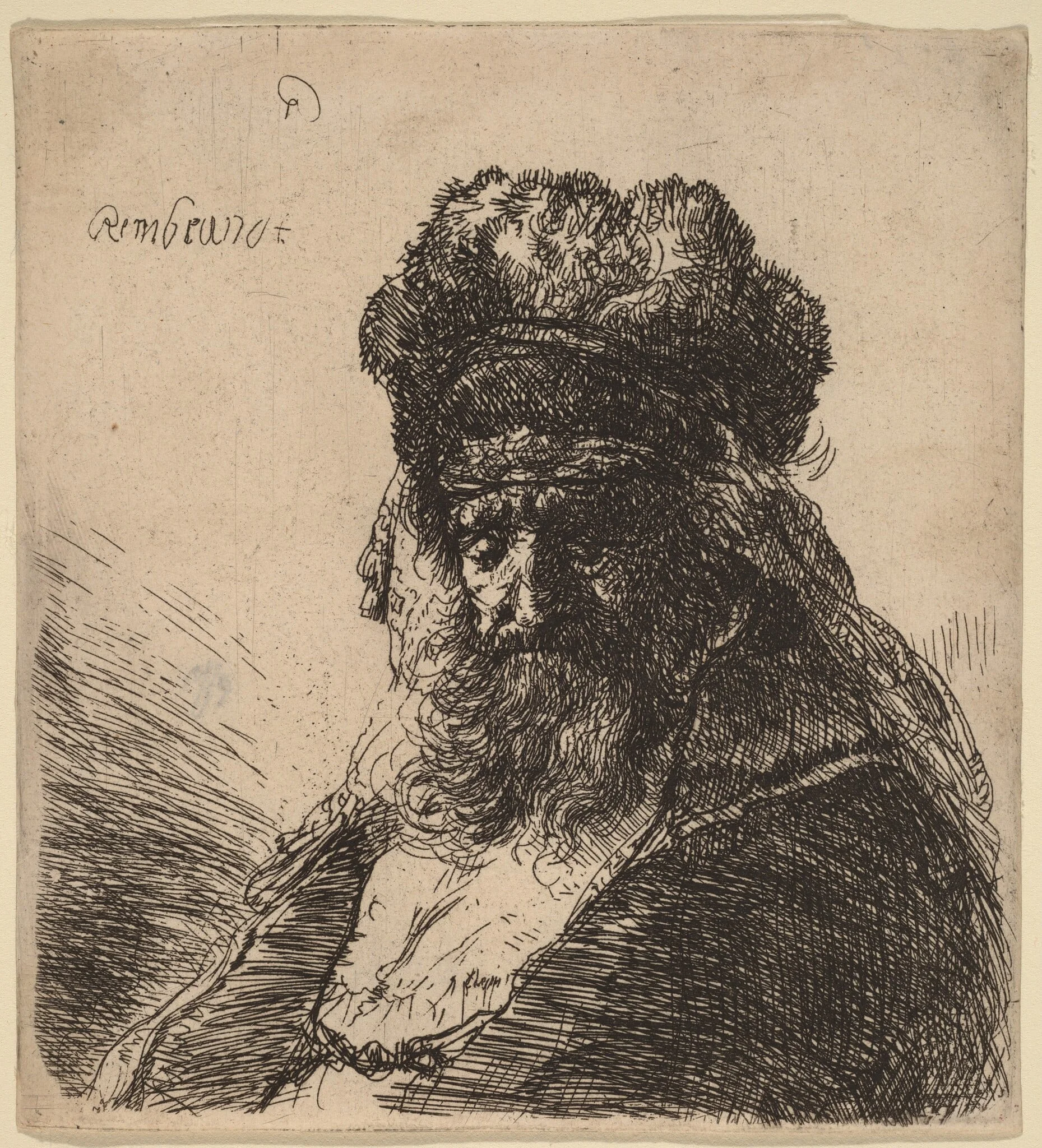 Old Bearded Man in a High Fur Cap, with Eyes Closed, by Rembrandt, ink, 1635