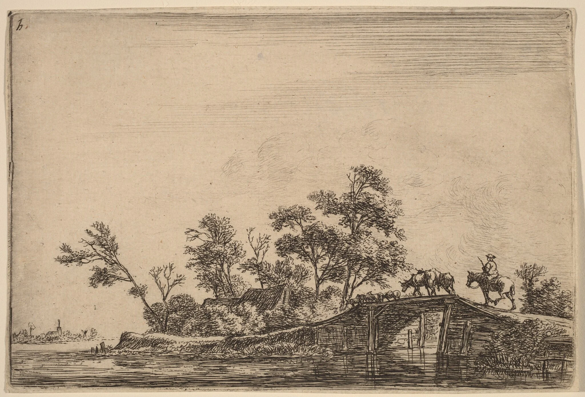 Rider and Flock on a Bridge, by Antonie Waterloo, ink, 1650