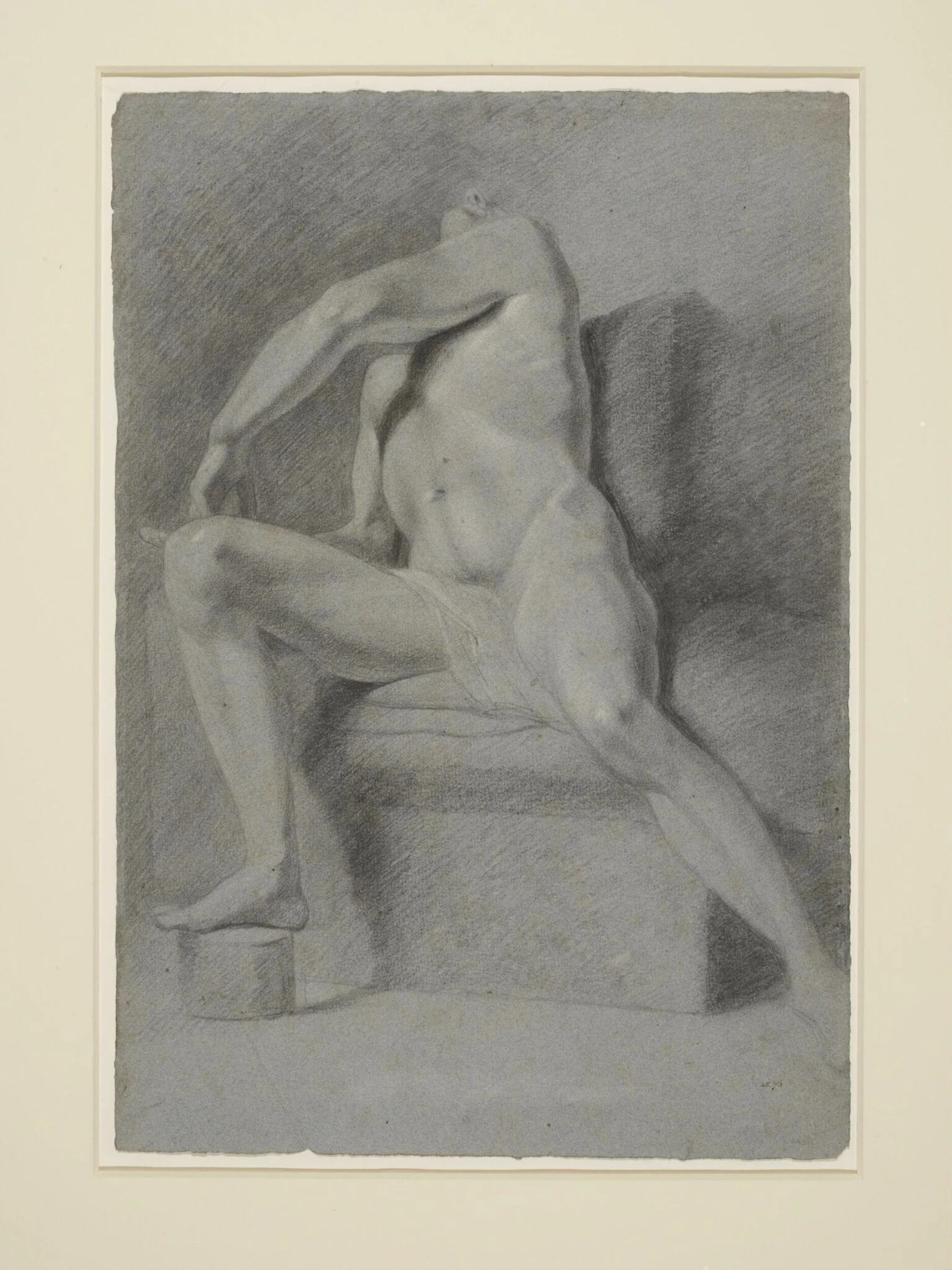 Study of a male nude figure, seated, with his right foot on a round block and his head thrown back.