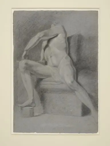 Study of a male nude figure, seated, with his right foot on a round block and his head thrown back.