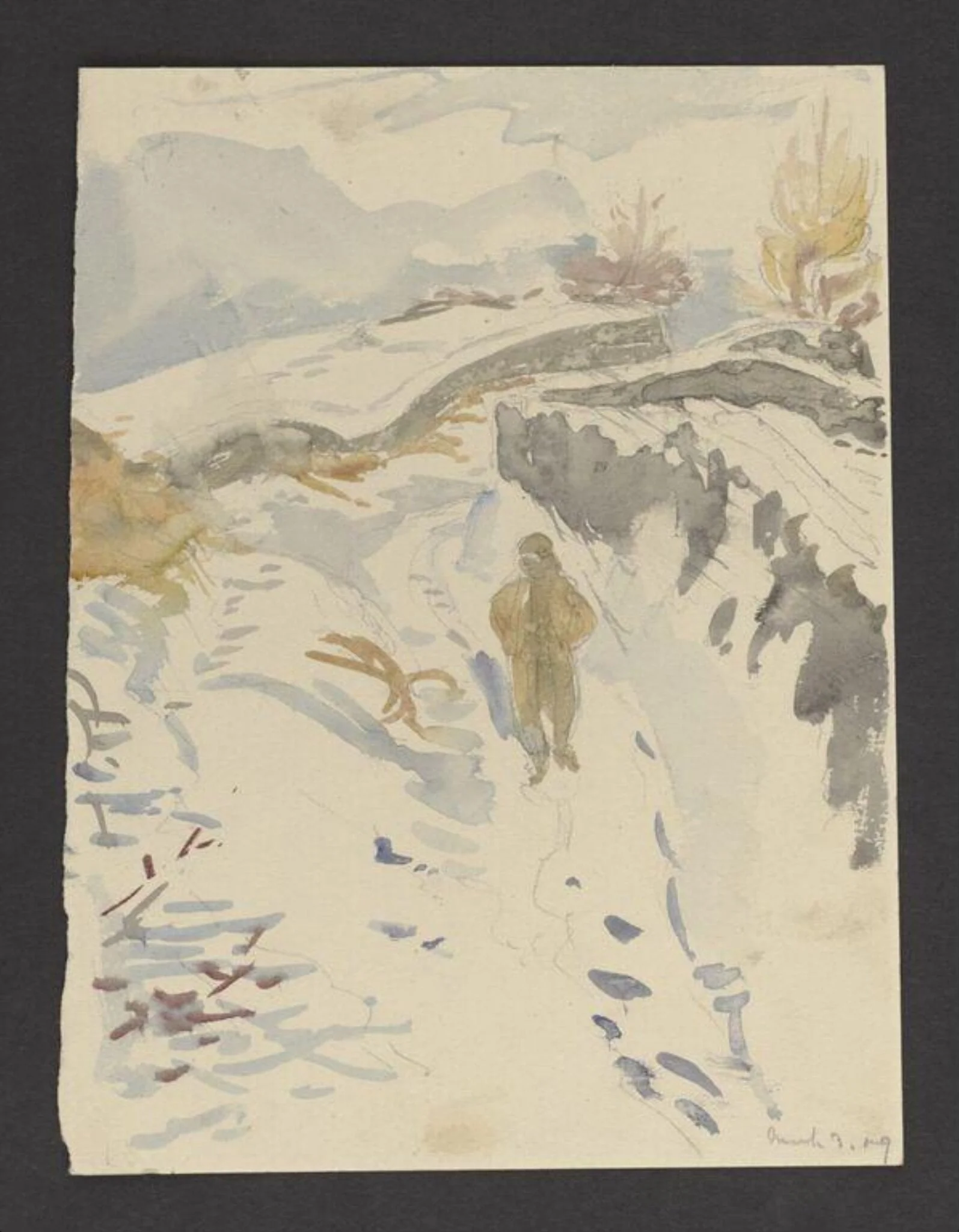 A man walking through a snowy landscape, by Beatrix Potter, watercolor, 3