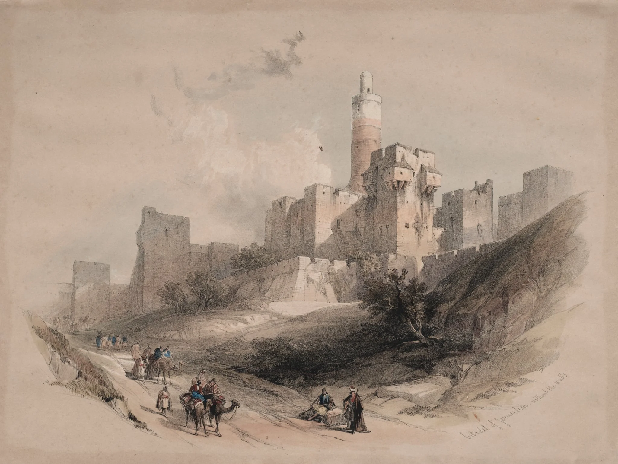 Citadel of Jerusalem, without the Walls, Tower of David, by David Roberts, 1839
