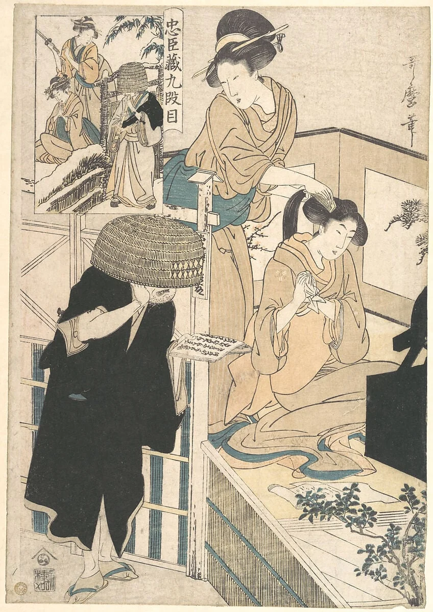 忠臣蔵九段目|A Woman at Her Toilet Seated before a Mirror, Having Her Hair combed by a Kameyui (Woman Hairdresser), by Kitagawa Utamaro, ink, 1780