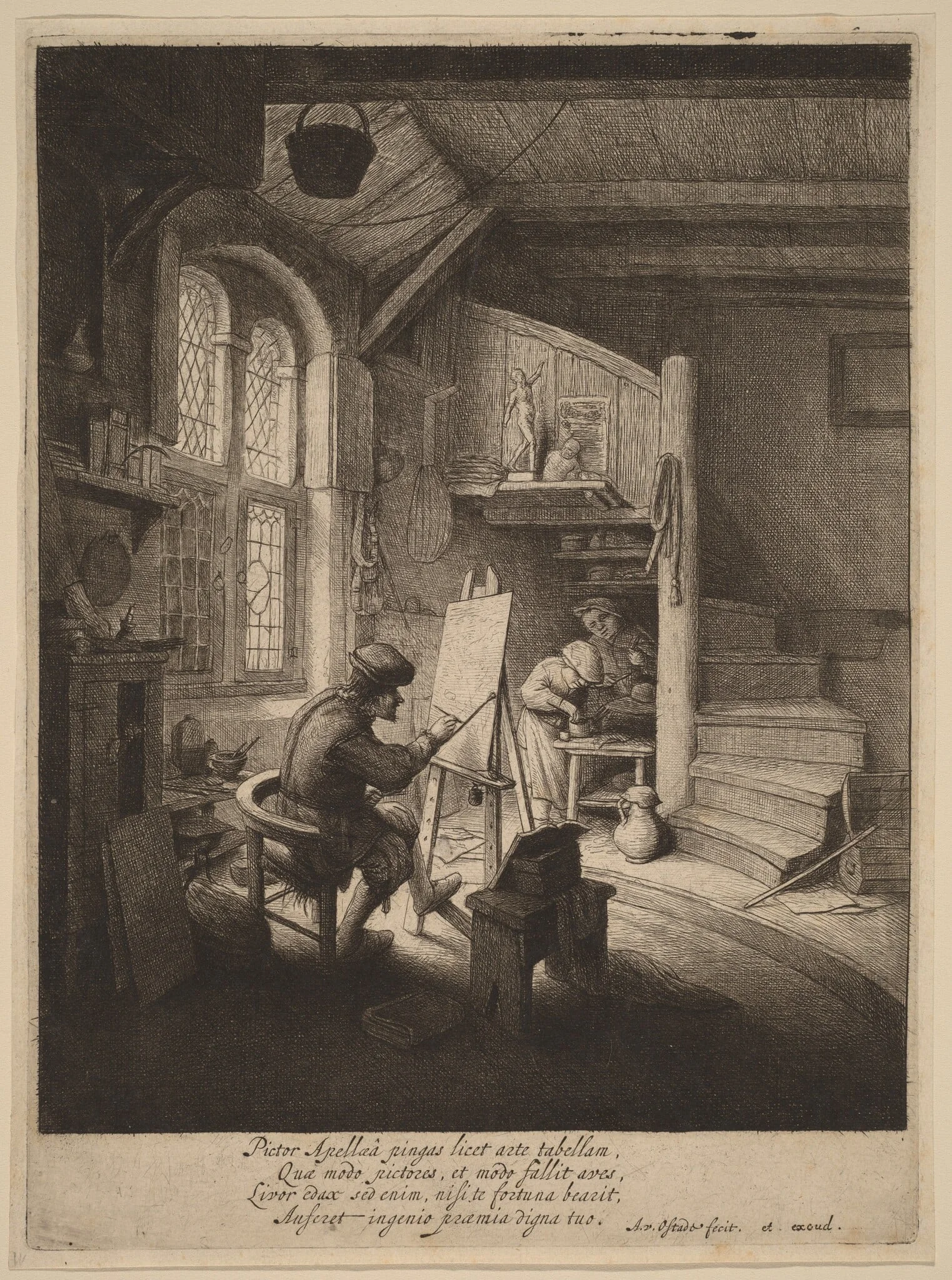Painter in His Studio, by Adriaen van Ostade, ink, 1647