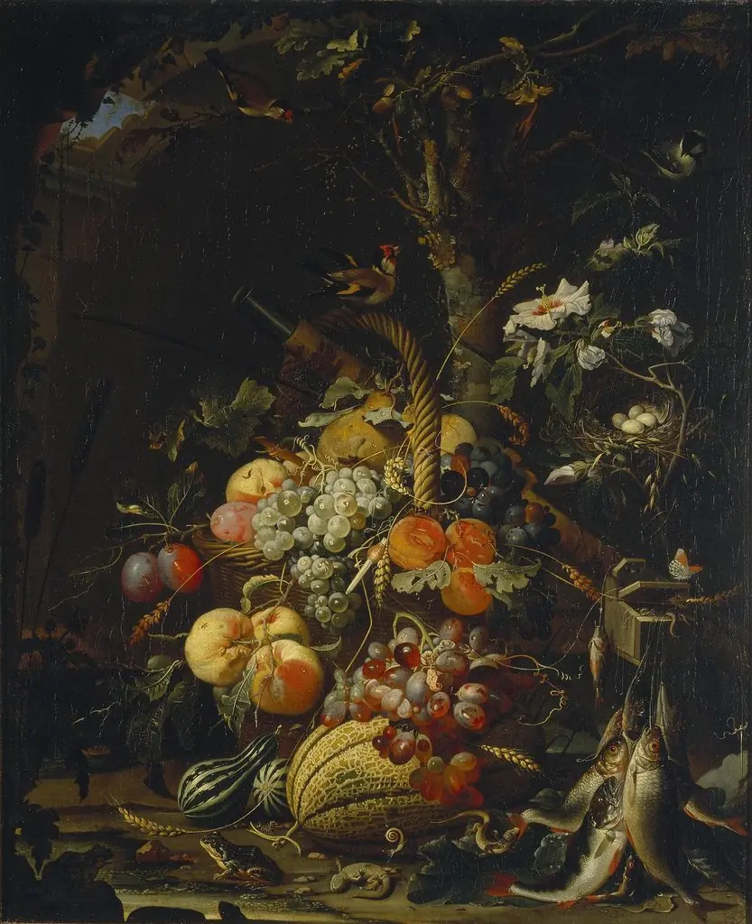 Forest floor still life with fruit, fish and a bird's nest
