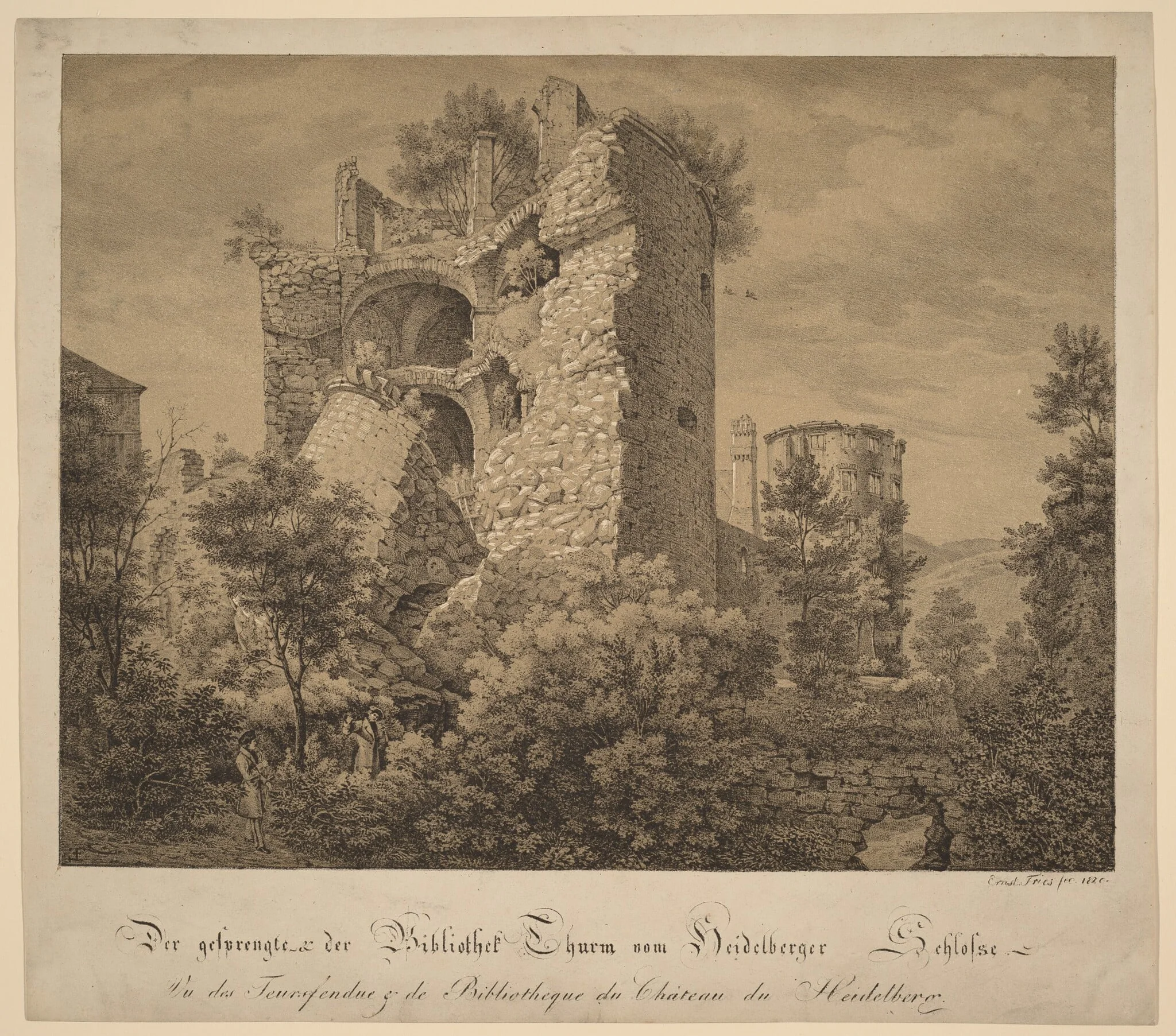 Der Gesprengte und der Bibliotheke Thurm von Heidelberger Schloß (The Exploded Tower and the Library of Heidelberg Castle), by Ernst Fries, ink, 1820