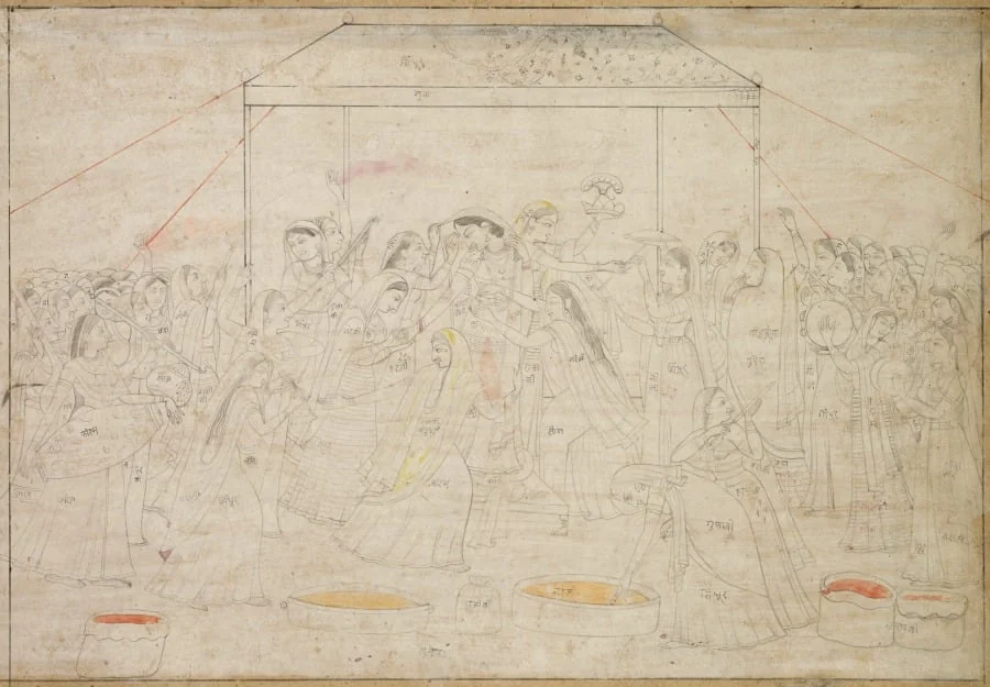 Krishna being dressed in women’s clothes for the spring festival Holi, by Unknown, unspecified, 1790