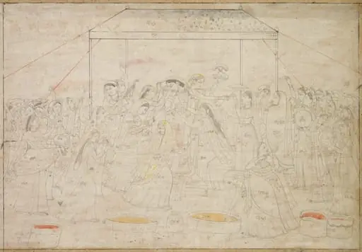 Krishna being dressed in women’s clothes for the spring festival Holi
