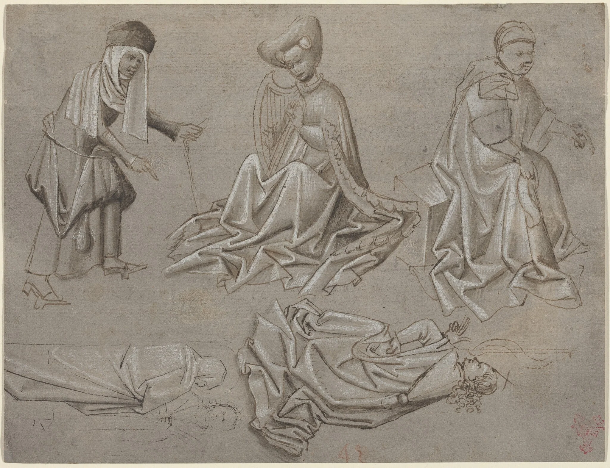 Studies for Six Figures (sheet from a model book) [recto], by German 15th Century, ink, 1455