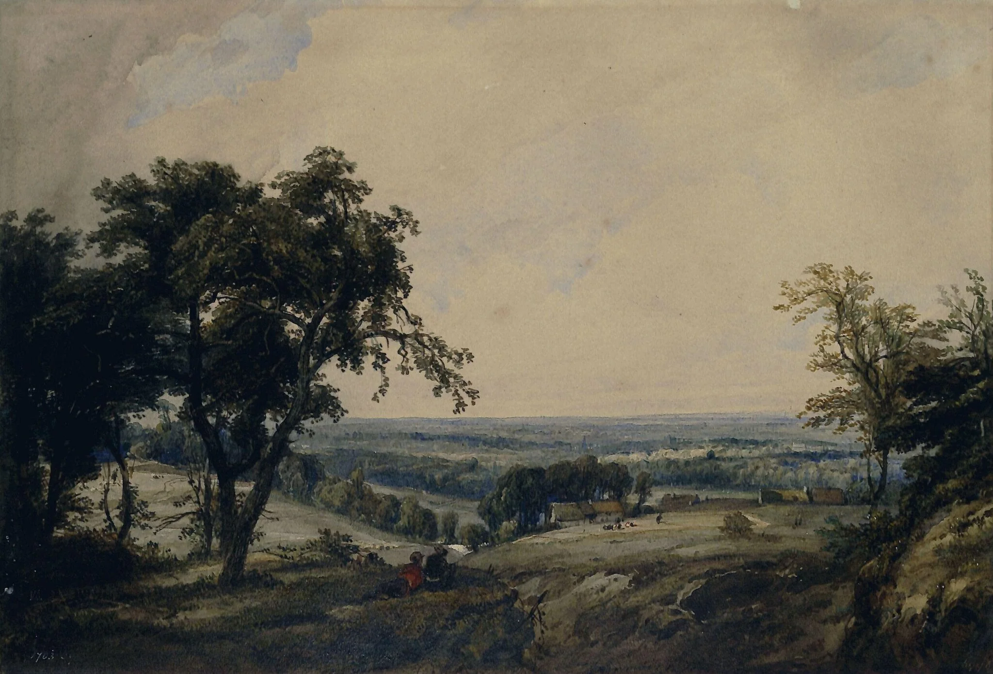Landscape with figures and cottages in a hollow