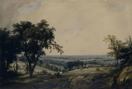 Landscape with figures and cottages in a hollow