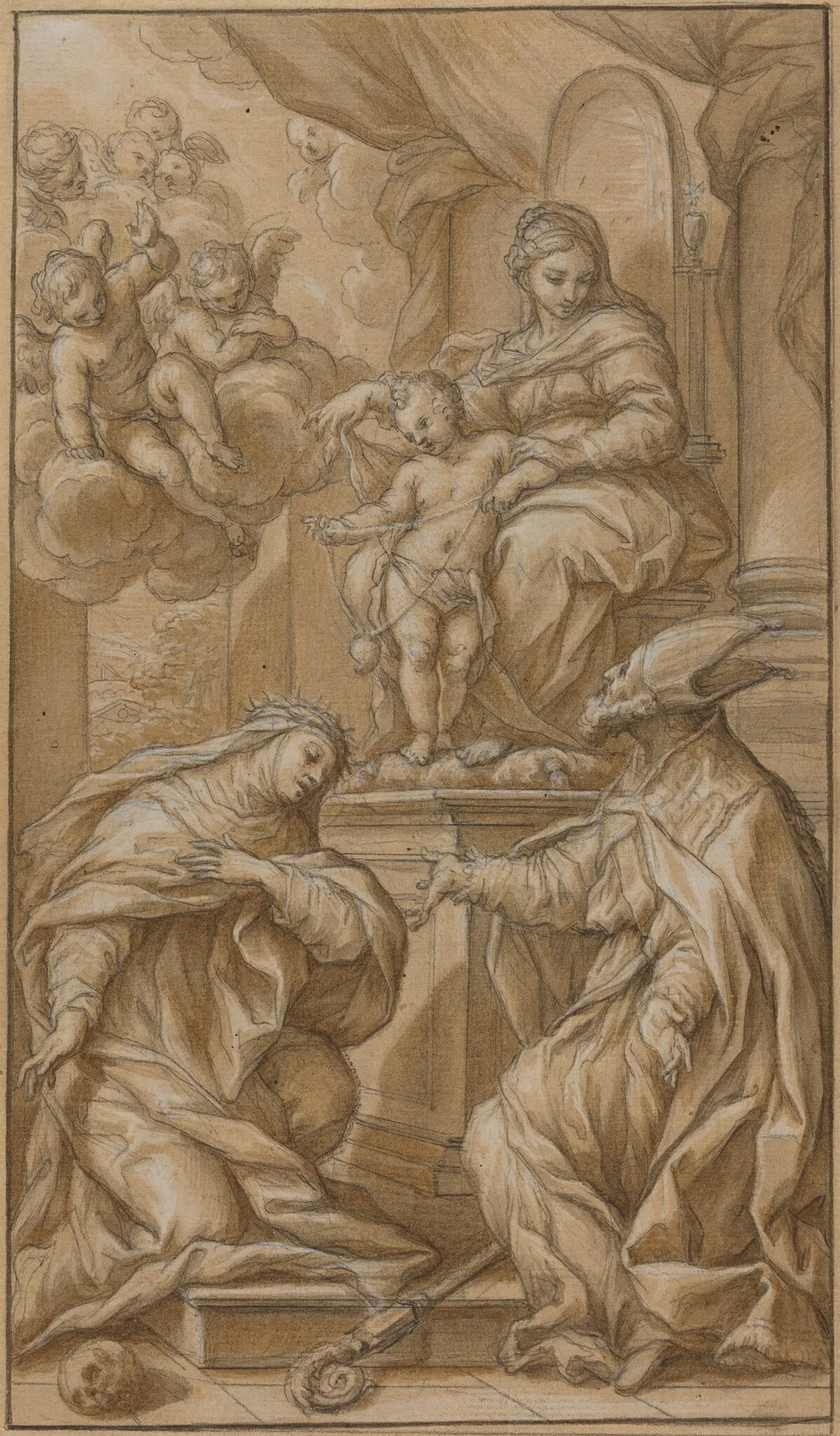 The Madonna and Child Enthroned, Adored by Two Saints, by Giuseppe Nicola Nasini, ink, 1709