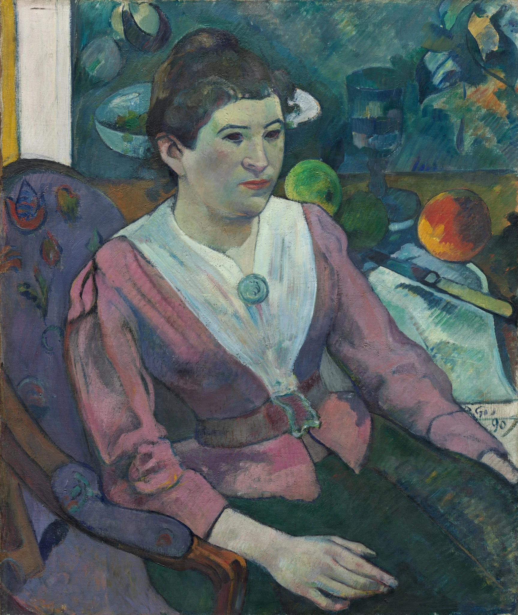 Woman in Front of a Still Life by Cezanne, by Paul Gauguin, oil, 1890