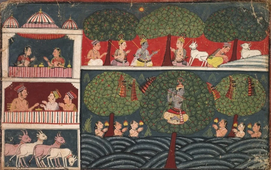 Krishna Steals the Clothes of the Milkmaids and Expounds on the Virtue of Trees, from a Braj Bhagavata Purana, by Unknown, unspecified, 1650