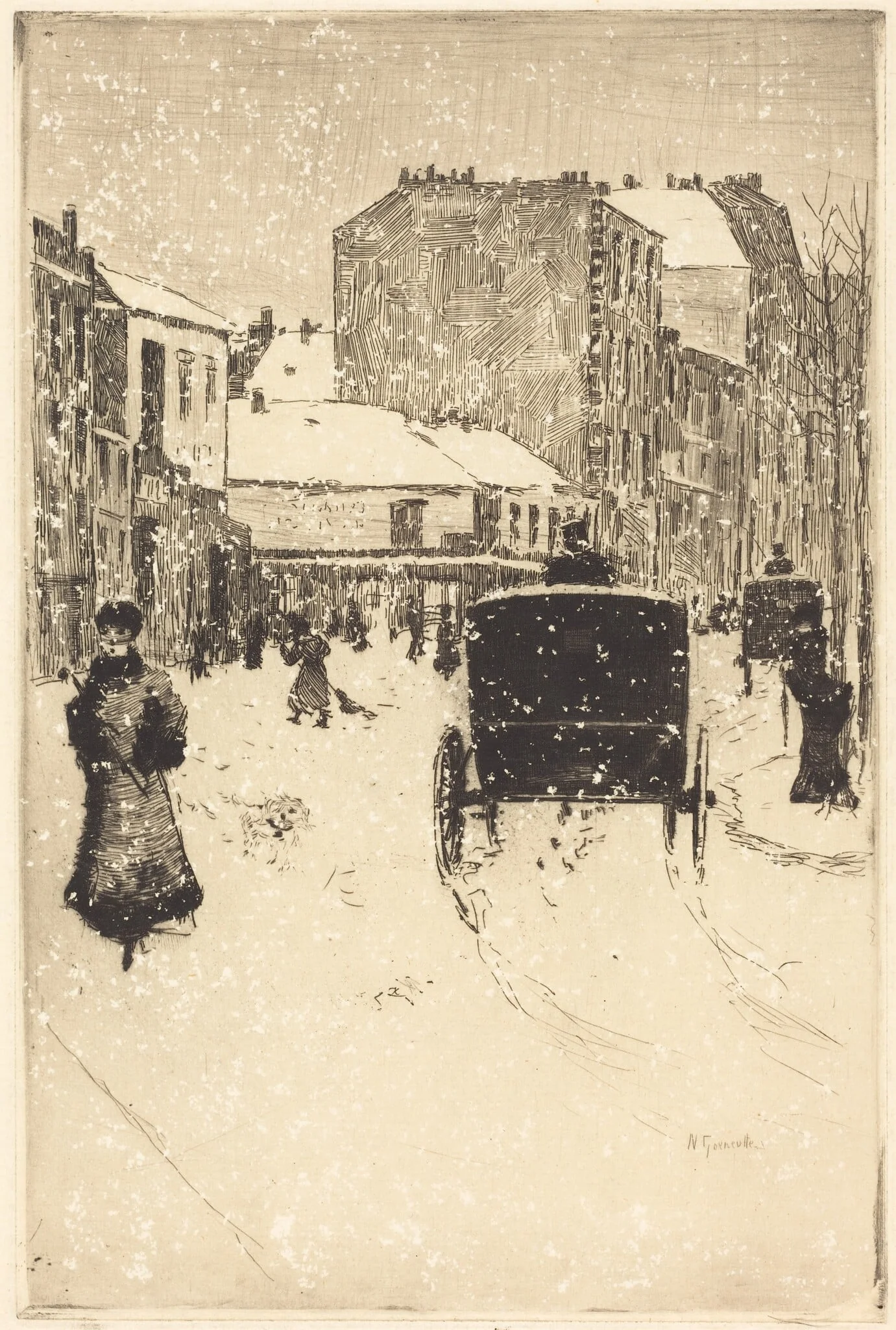 Boulevard Clichy in the Snow (Le boulevard Clichy par un temps de neige), by Norbert Goeneutte, ink, 1876