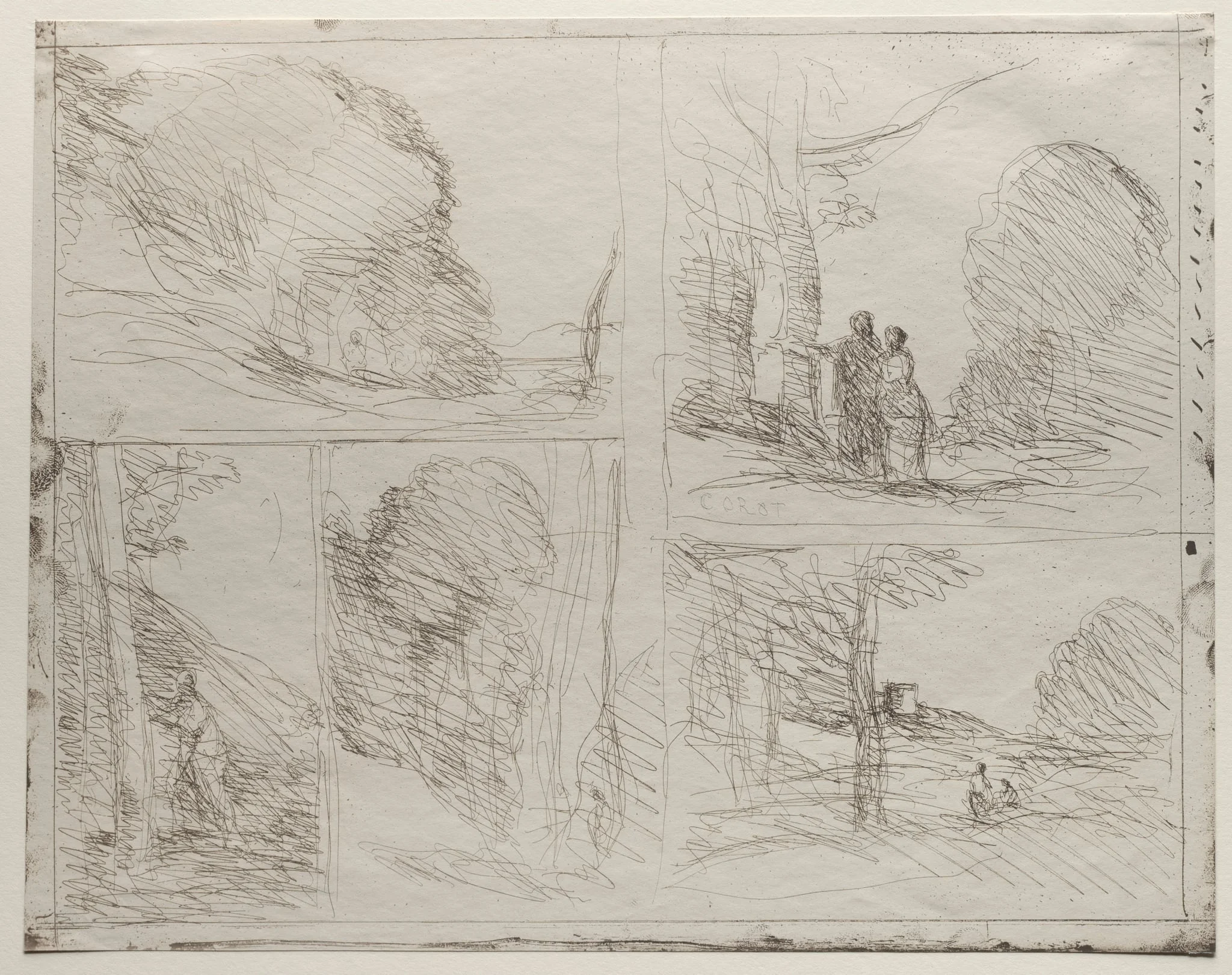 The Garden of Pericles; The Painter's Lane; Scrawl; The Large Woodcutter; The Tower of Henry VIII, by Jean Baptiste Camille Corot, 1856