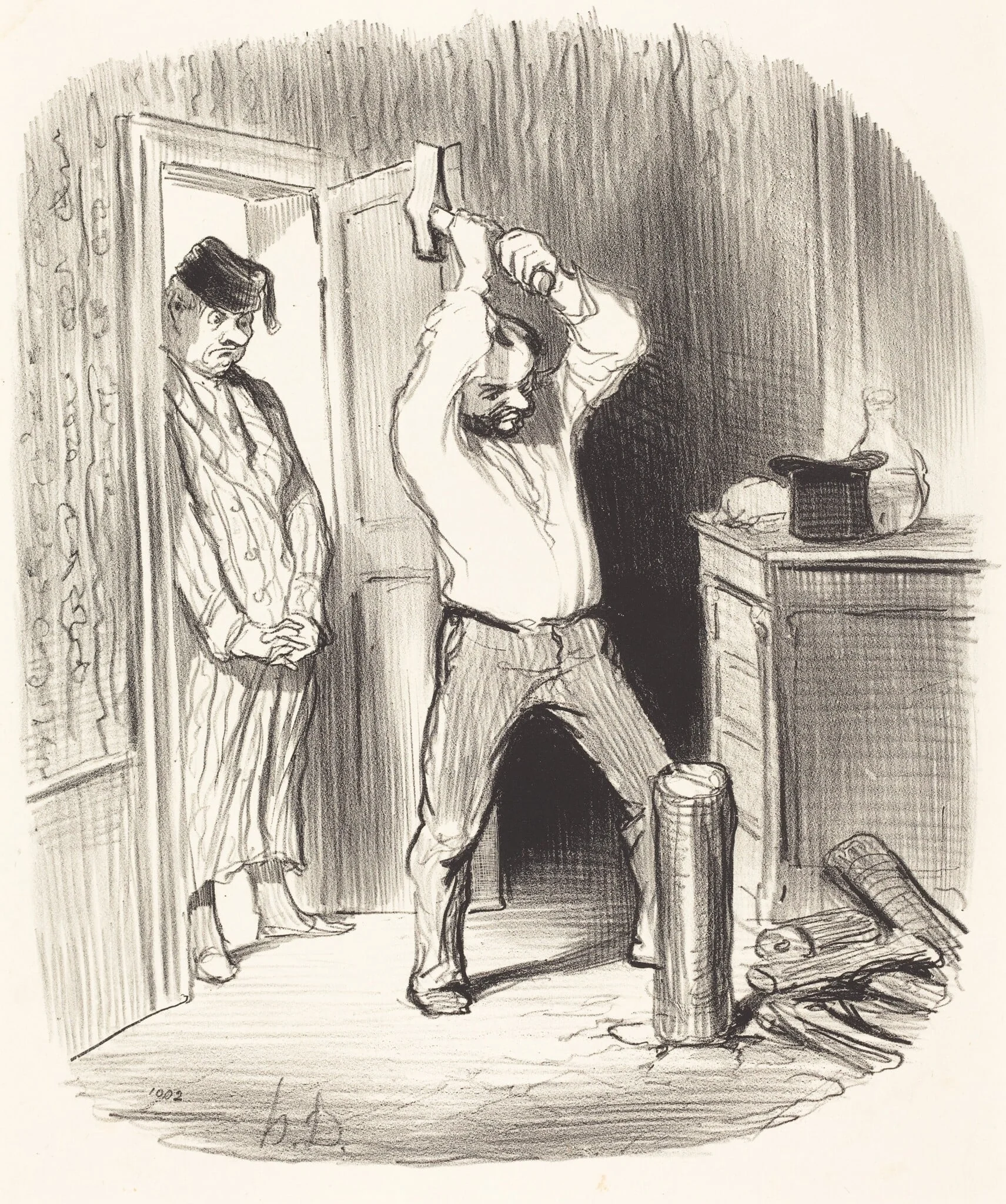 Est-il dieu permis... fendre du bois..., by Honoré Daumier, ink, 1847