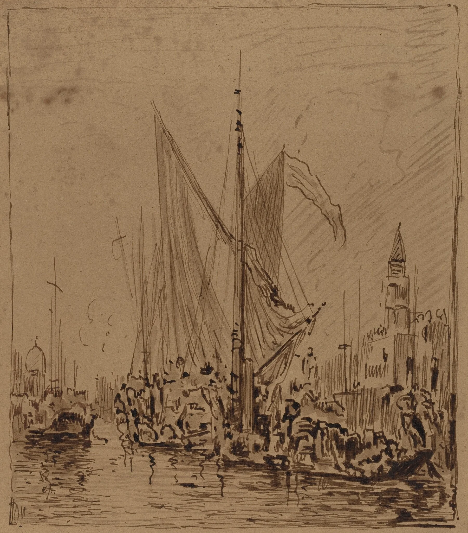 Boats and Gondolas before the Piazza San Marco, by Félix Ziem, ink, 1866