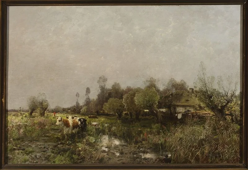 Summer landscape with a cottage on marshland
