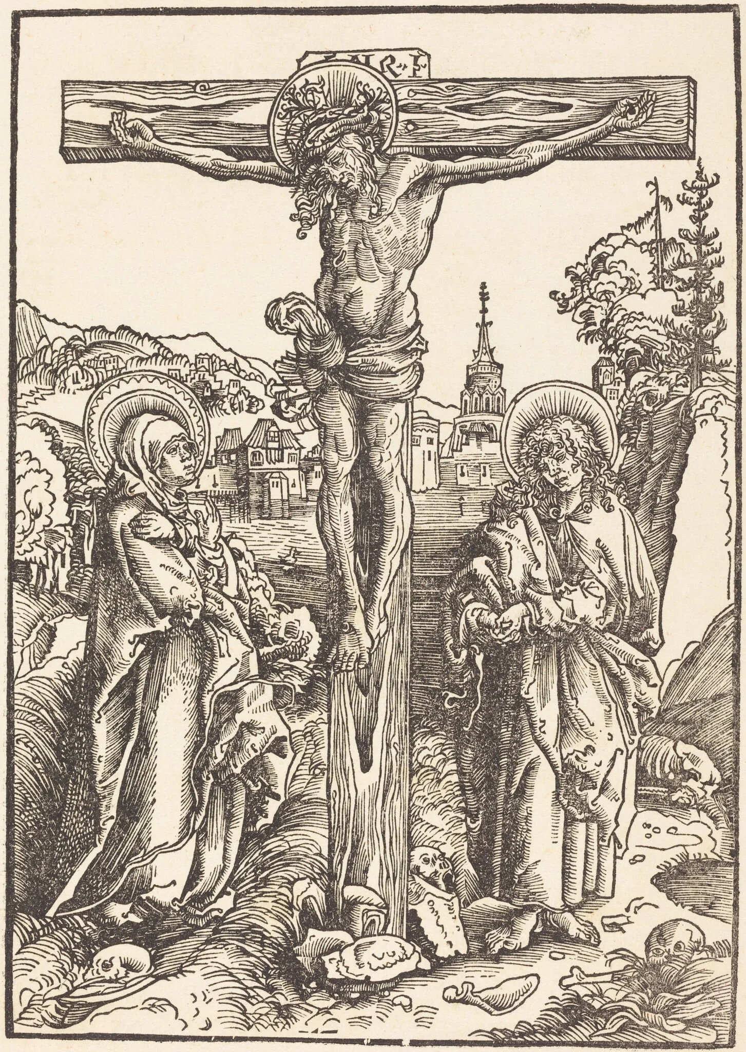 Christ on the Cross Between the Virgin and Saint John, by Lucas Cranach the Elder, ink, 1502