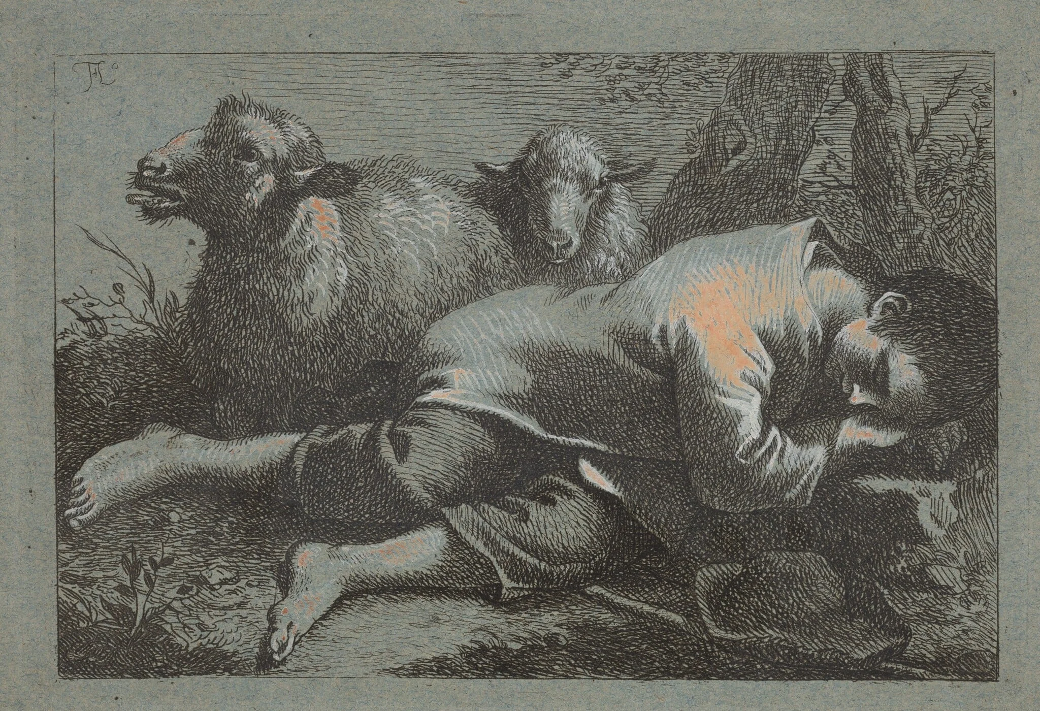 Peasant Boy Asleep near Two Sheep, by Francesco Londonio, ink, 1758