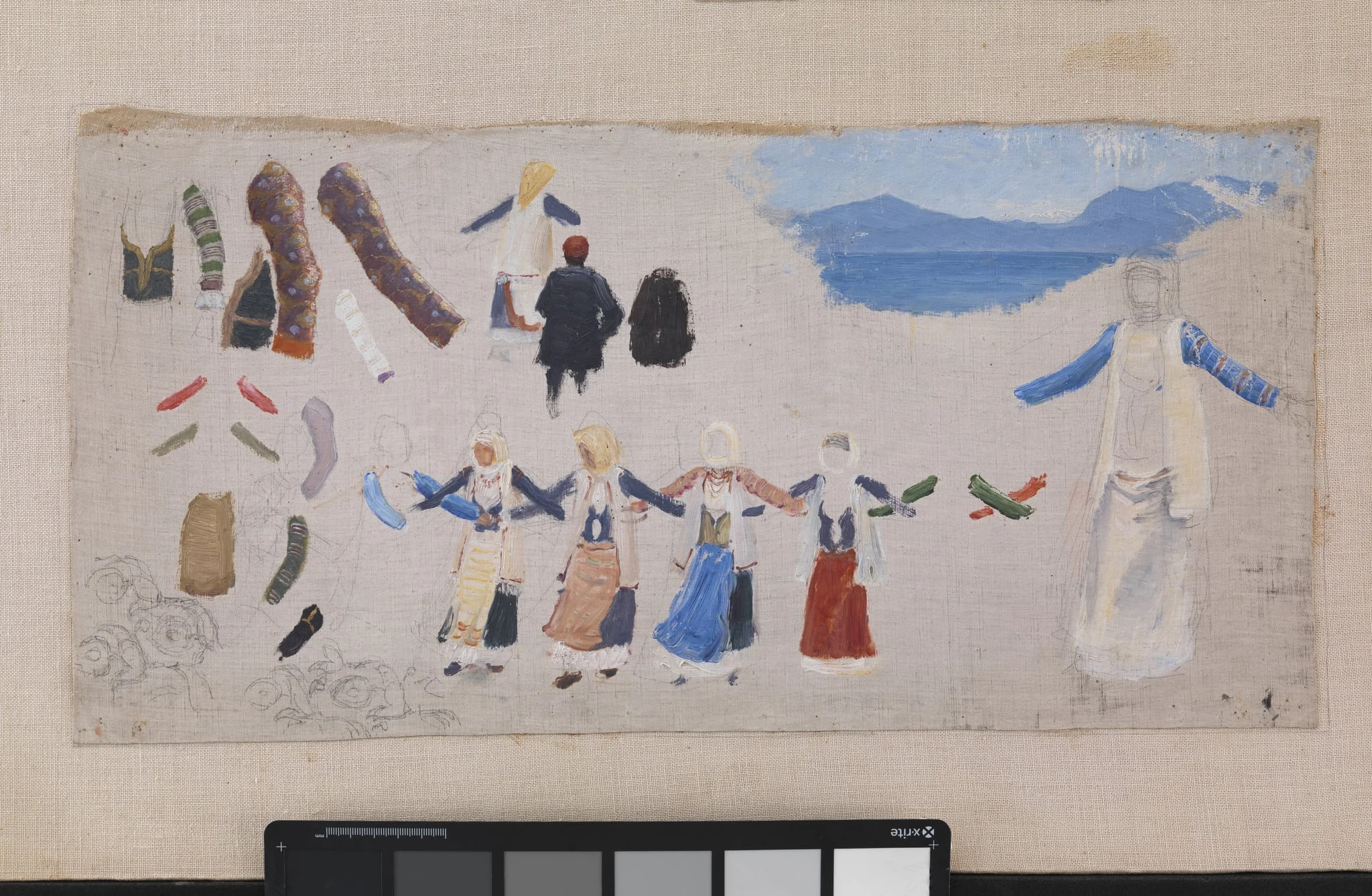 Dansende kvinder, dragtdetailler og et landskab, by Unknown, 1896