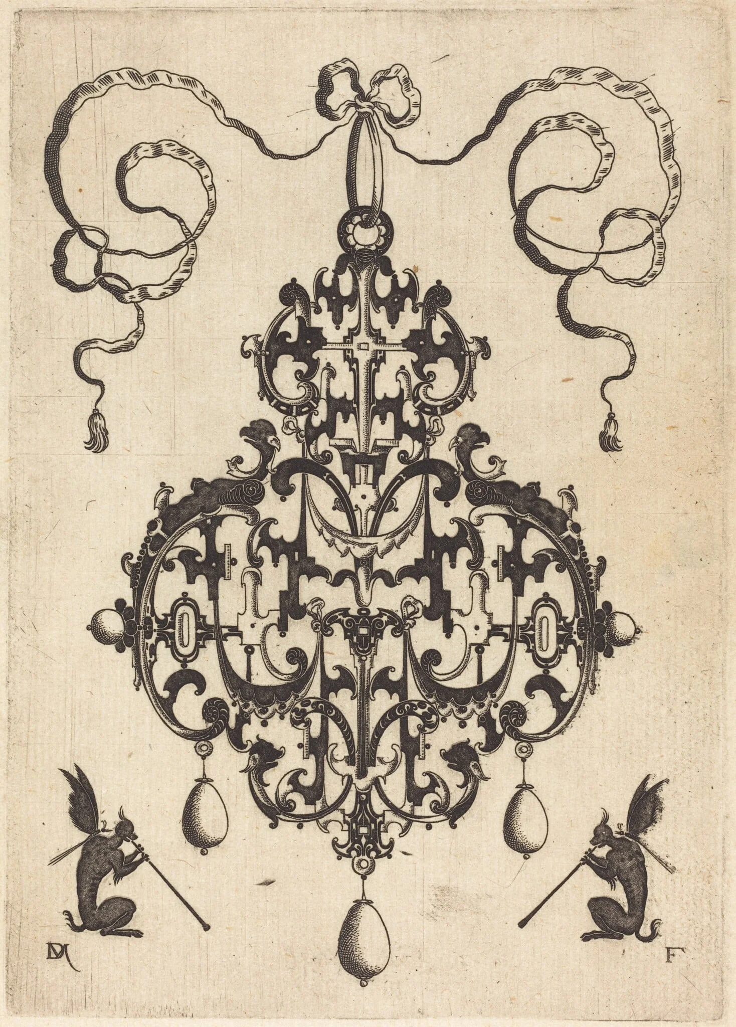Large Pendant, Two Winged Fantasy Creatures with Trumpets at Bottom, by Daniel Mignot, ink, 1596
