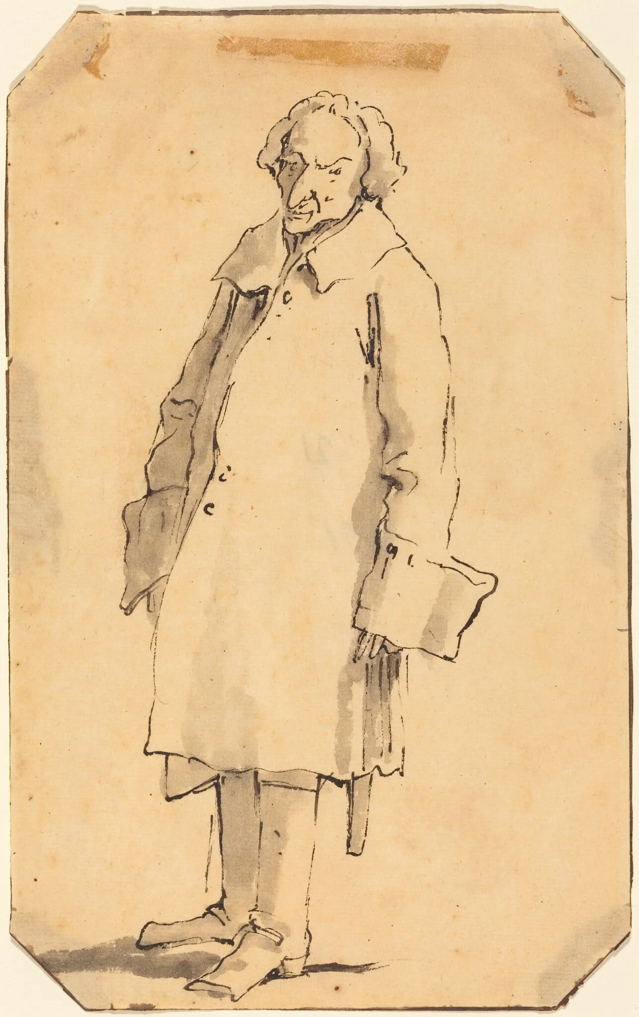 A Standing Man Wearing a Great Coat and Boots, by Giovanni Battista Tiepolo, ink, 1733