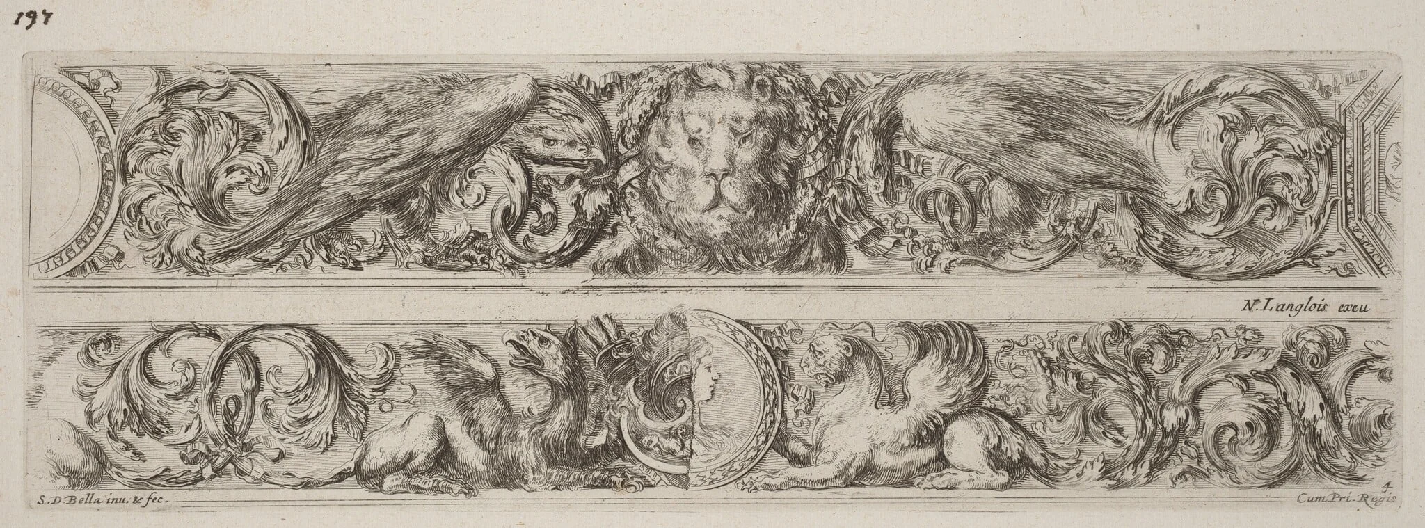 Two Ornamental Bands with Head of a Lion and Woman, by Stefano Della Bella, ink, 1648