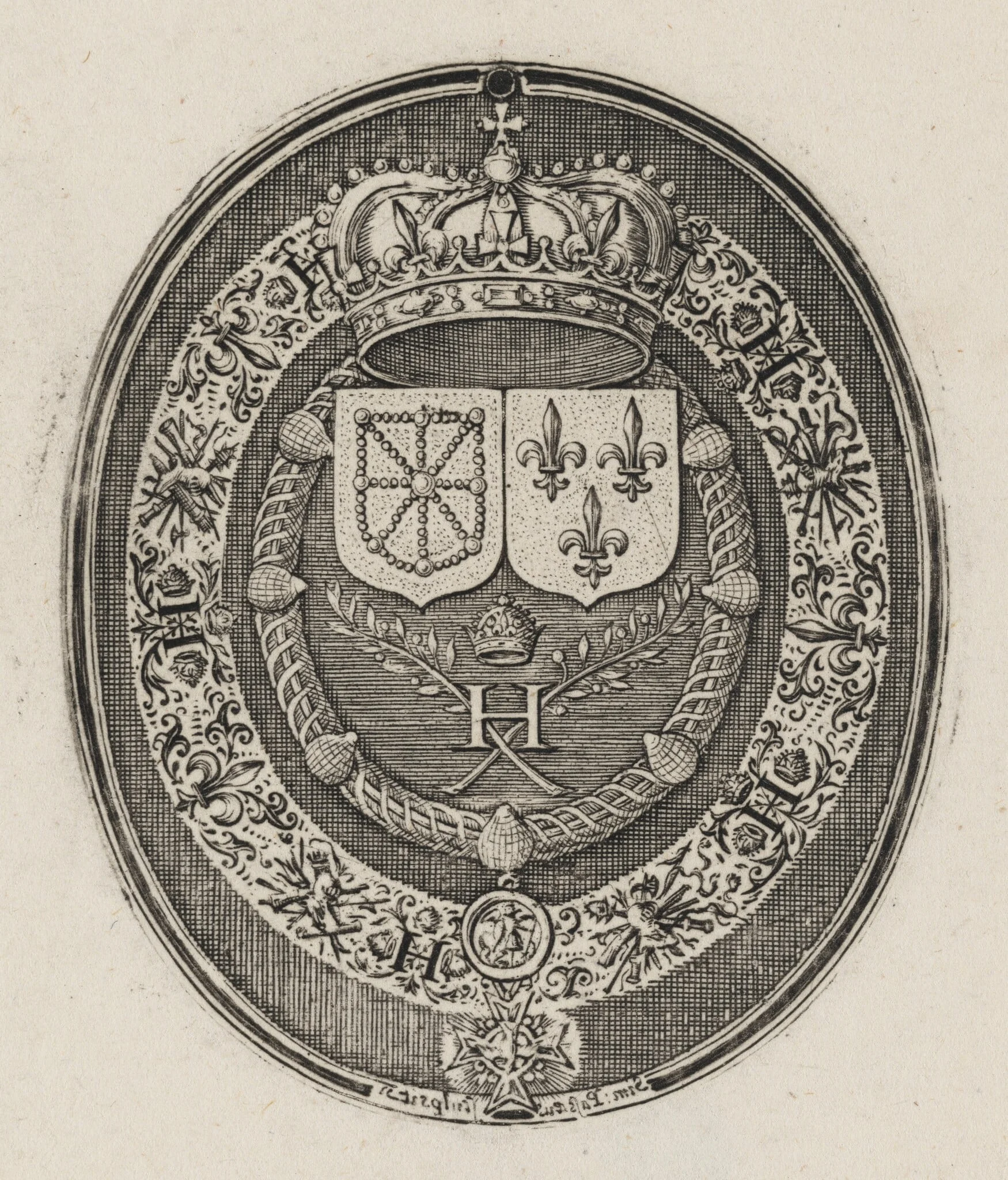 Shields of Henry IV and Maria de Medici [right half], by Simon van de Passe, ink, 1621