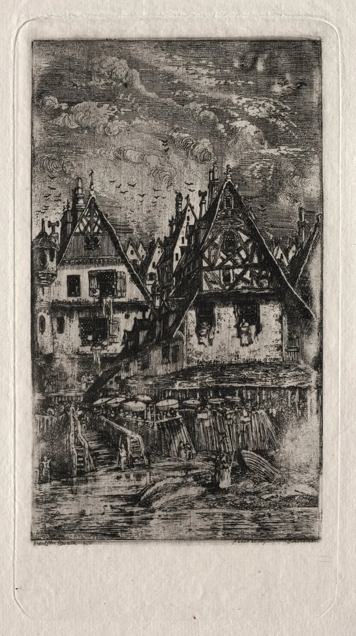 Marketplace with Parasols, by Rodolphe Bresdin, 1866