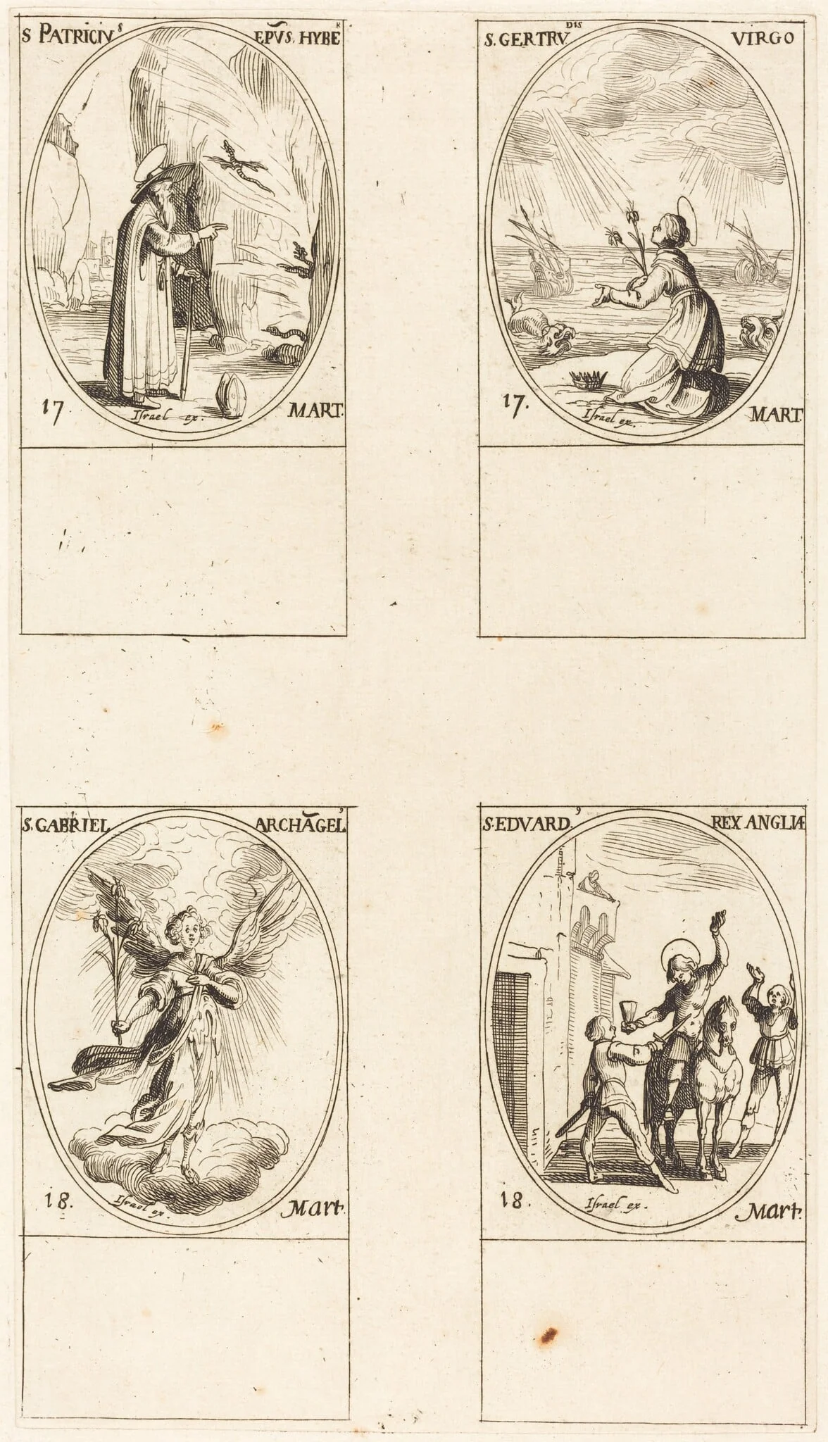 St. Patrick; St. Gertrude; St. Gabriel, Archangel; St. Edward, by Jacques Callot, ink, 1634