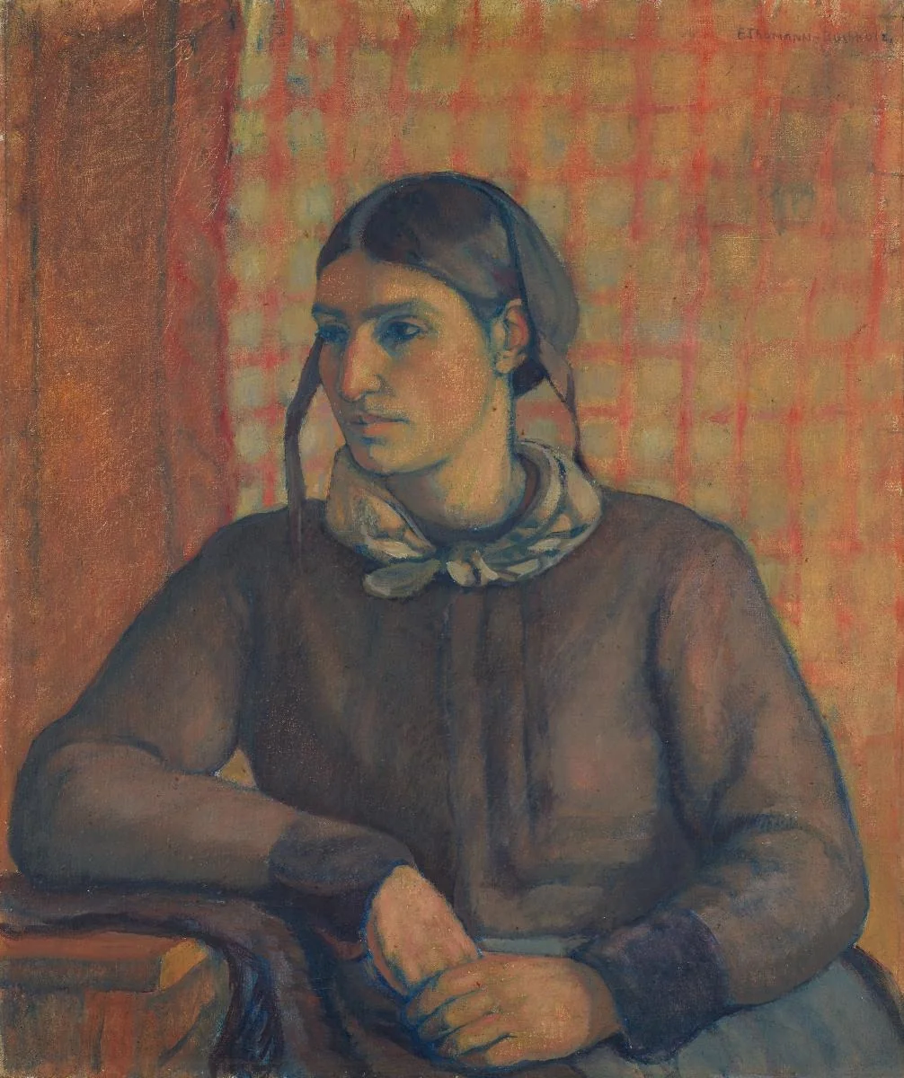 Walliserin vor kariertem Vorhang, by Else Thomann-Buchholz, oil, 1915