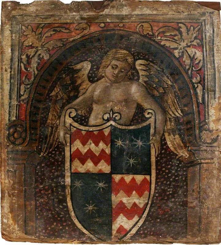 A Cupid with a Coat of Arms (one of 29 painted panels from a frieze), by Unknown, unspecified, 1500