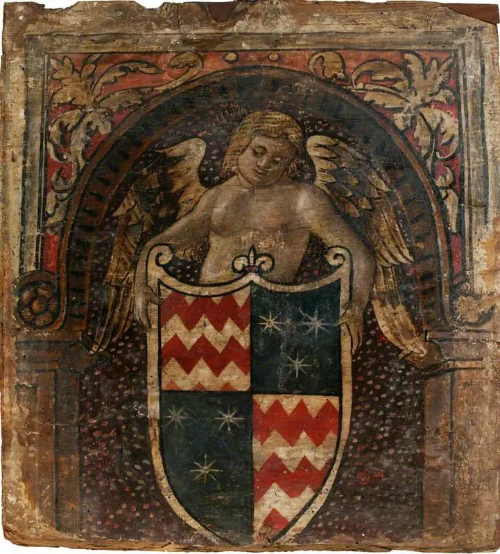 A Cupid with a Coat of Arms (one of 29 painted panels from a frieze)