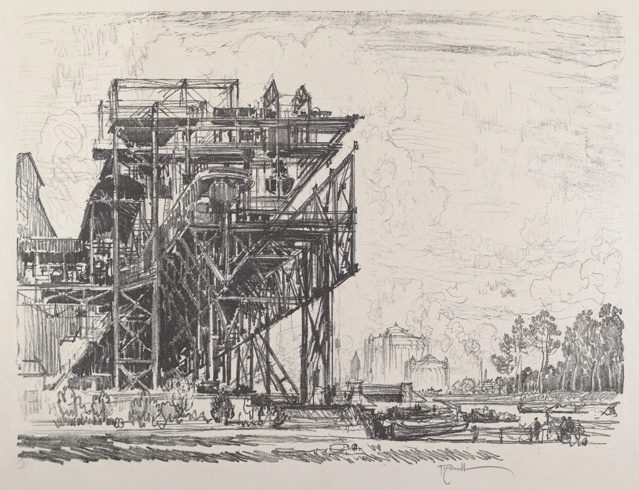 Gas Works from the Canal, Berlin, by Joseph Pennell, ink, 1921