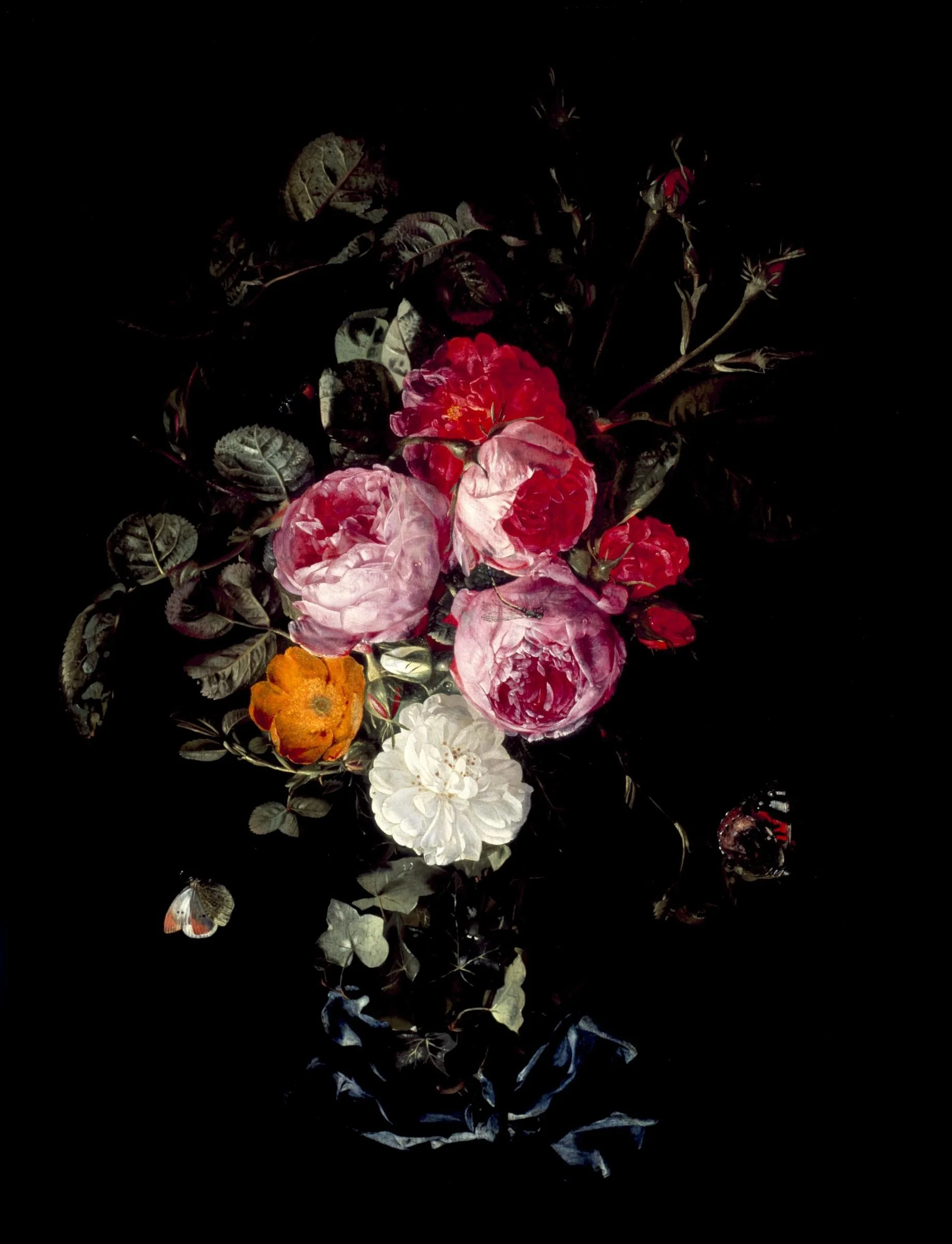 A Festoon of Roses hanging from a Blue Ribbon, with Butterflies and Insects