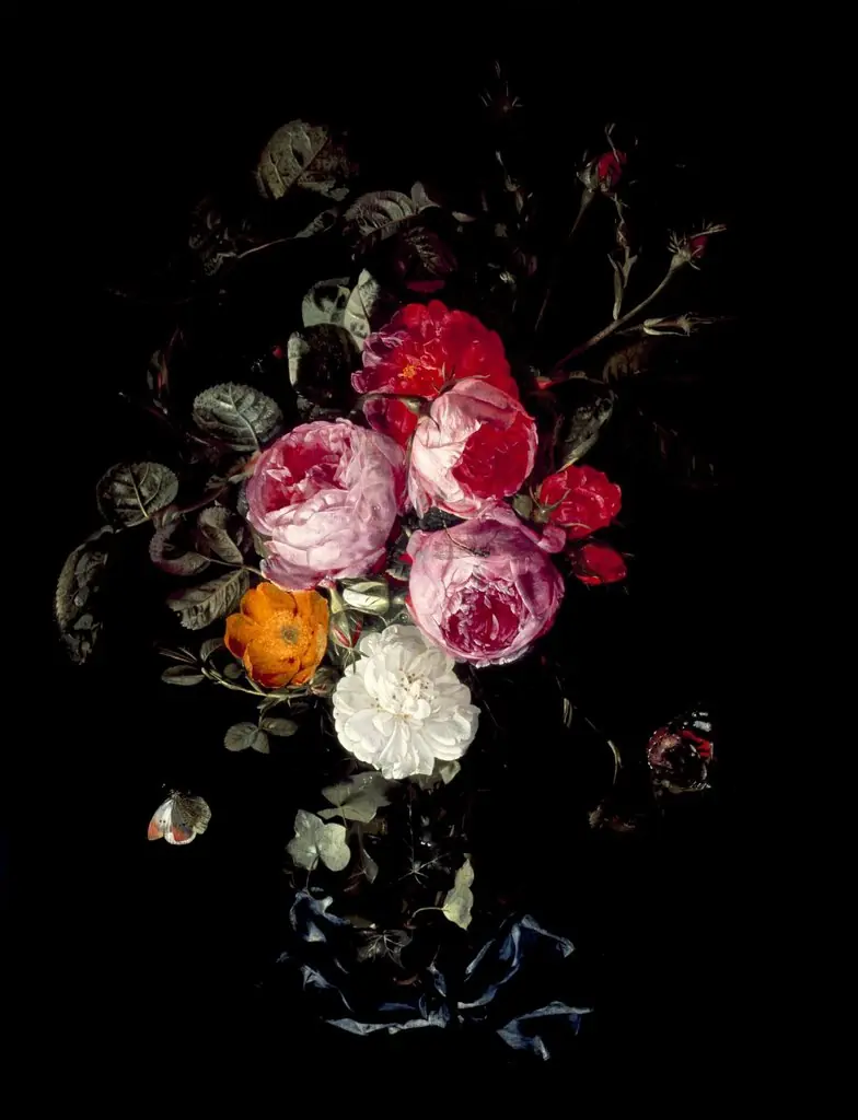 A Festoon of Roses hanging from a Blue Ribbon, with Butterflies and Insects