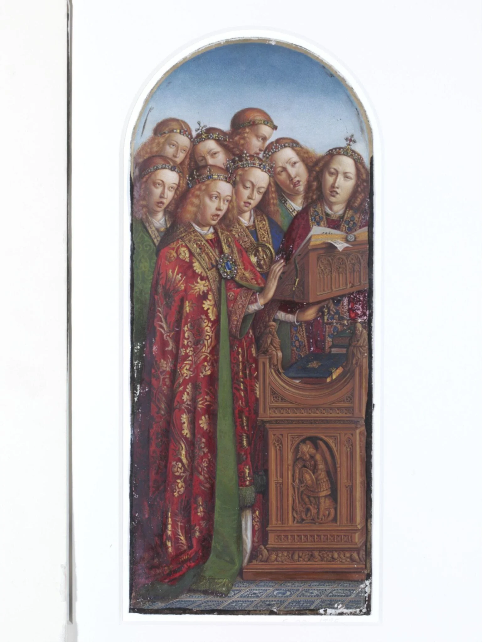 Copy of a detail of the Ghent Altarpiece, Angelic  Choir, by Hubert and Jan van Eyck in the church of St  Bavon, Ghent.