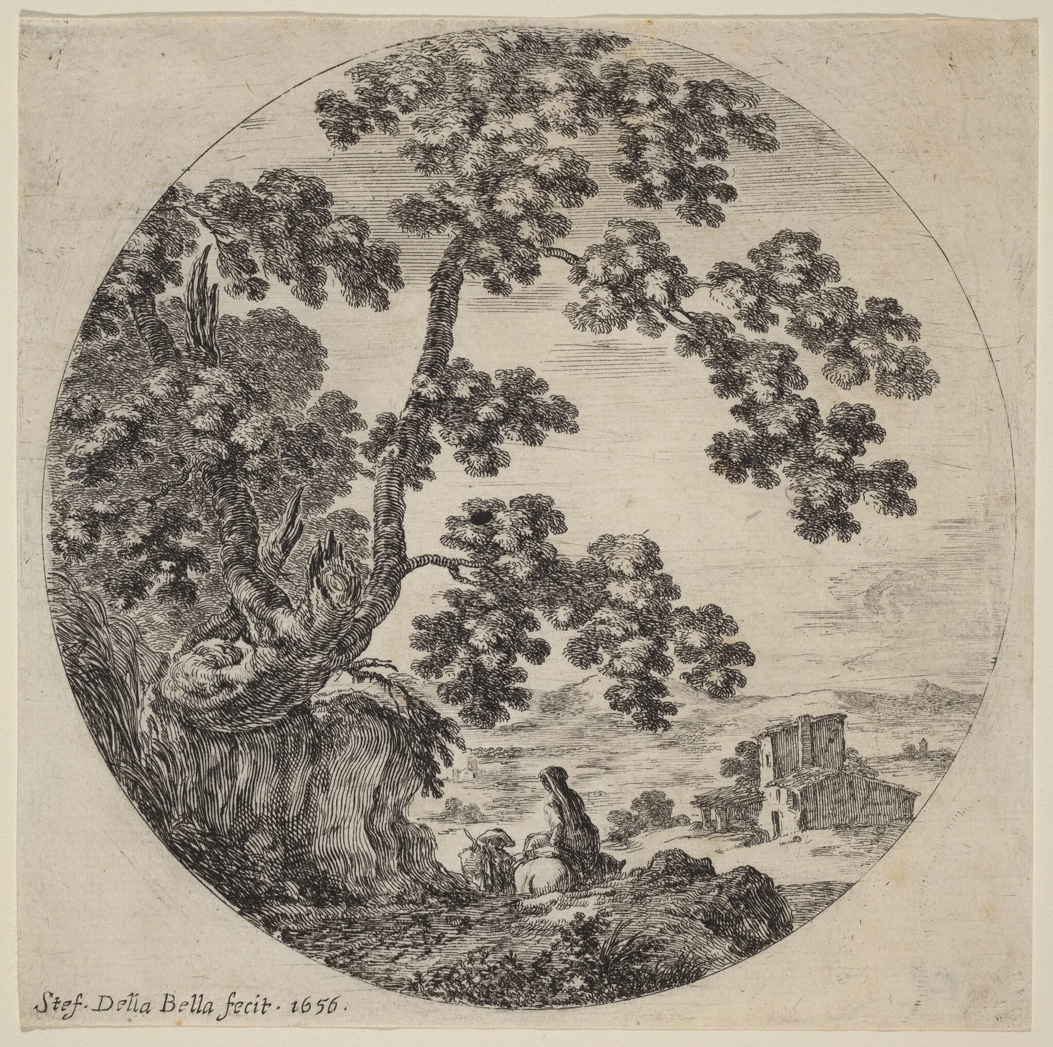 Two Travelers Passing by an Old Oak Tree, by Stefano Della Bella, ink, 1656