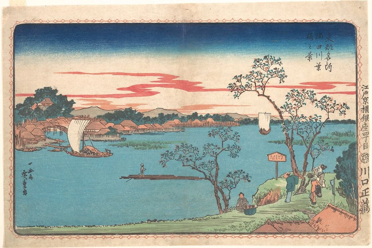 Sumidagawa, hazakura no kei|東都名所　隅田川葉桜之景|A View of Cherry Trees in Leaf along the Sumida River, by Utagawa Hiroshige, ink, 1831