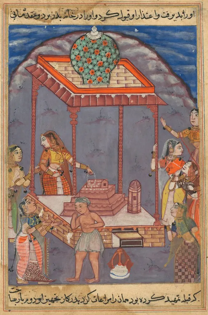 The destitute Mukhtar meets his wife Maimuna at a holy shrine, from a Tuti-nama (Tales of a Parrot): Twenty-fifth Night